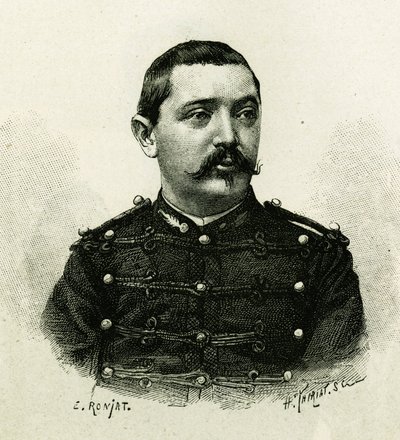 Porträtt av kapten Pietri, av sjöartilleriet, under expeditionen till Afrika 1879-1882, under befäl av Gallieni. Gravyr av E. Ronjat, från ett fotografi, för att illustrera berättelsen "Exploration du Haut Niger (Haut Niger)" (dagens Mali) av av Etienne Antoine Eugene Ronjat