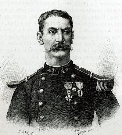 Porträtt av befälhavare Joseph Gallieni, under expeditionen i Afrika (1879-1882). Gravyr av E. Ronjat efter ett fotografi för att illustrera berättelsen "Exploration du Haut Niger (Haut Niger)" (nuvarande Mali) av befälhavare Joseph Gallieni (1849-1916) fr av Etienne Antoine Eugene Ronjat