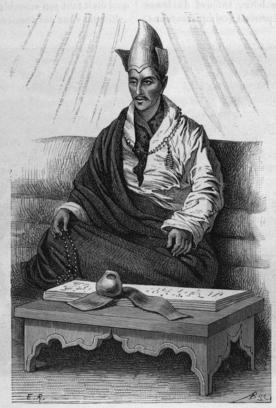 Porträtt av ""Khutukcha"", en överstepräst i Tibet åren 1870-1880. Gravyr efter en teckning av Ronjat, i "" Le Tour du Monde, Nouveau journal des Voyages", redigerad av Edouard Charton, Paris av Etienne Antoine Eugene Ronjat