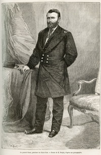 Porträtt av Ulysses Grant (1822-1885), amerikansk general, ledare för unionstrupper under utlösningskriget och USA:s 18:e president i två mandatperioder från 1869 till 1877. Gravyr efter teckningen av E.Ronjat, till illustrera sto av Etienne Antoine Eugene Ronjat