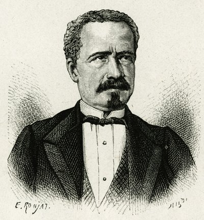 Porträtt av Ecuadors president från 1875 till 1876, Don Antonio Borrero. Gravyr av E. Ronjat, efter ett fotografi, för att illustrera berättelsen "The Equinoxiale America"" av Etienne Antoine Eugene Ronjat