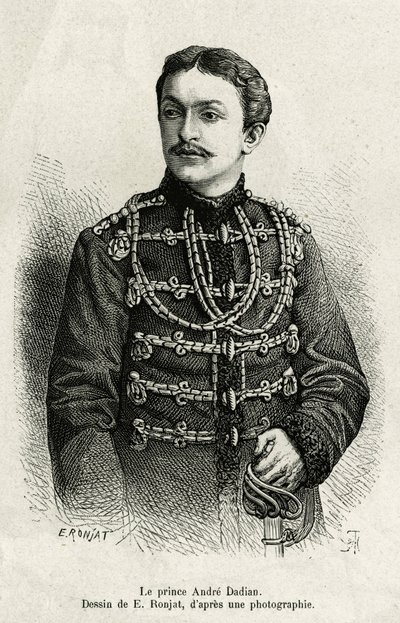 Prins Andre Dadian av Mingrelie (1850-1910), general för den ryska armén och schackmästare. Gravyr av E. Ronjat, för att illustrera berättelsen Un tour en Mingrelie (region i Georgien, som sträcker sig mellan Kaukasus och Rion), av Carla Serena, 1876-187 av Etienne Antoine Eugene Ronjat