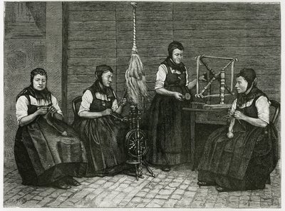 Sondernach spridare, beskrivning av de olika stadierna av spinning, hand, spindel och spindel. Gravyr av E.Ronjat, för att illustrera berättelsen "Atravers l