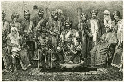 Kashmir-maharadjan, Rambhir Sing och hans hov. Gravyr av E. Ronjat, för att illustrera berättelsen "Porträtt av en parisisk kvinna i västra Himalaya", 1881, av Marie de Ujfalvy-Bourdon (Ujfalvy Bourdon). Publicerad i Tour du monde, termin 2 av Etienne Antoine Eugene Ronjat