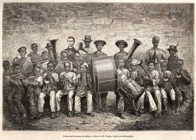 Bandet av barnen i Gabonmissionen. Gravyr efter teckningen av E. Ronjat, för att illustrera kryssningen på Afrikas kust, av viceamiral Fleuriot de Langle, 1868, publicerad i "" Le tour du monde"" 1876, redigerad av Edouard Charton, Hachet av Etienne Antoine Eugene Ronjat