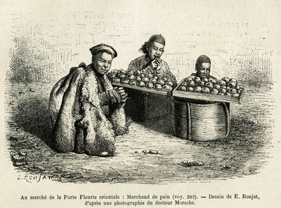 Brödhandlaren, vid foten av den orientaliska blomsterporten i det kejserliga palatset i Pekin, en aktuell scen i vardagen. Gravyr efter teckningen av E.Ronjat, för att illustrera resan till Pekin och norra Kina, av T.Choutze, 1873, publicerad i av Etienne Antoine Eugene Ronjat