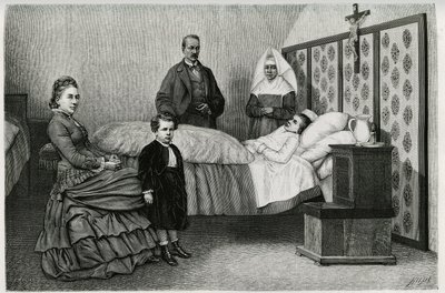 Läkarkonsultationen på Logelbach hospice. Gravyr av E.Ronjat, för att illustrera berättelsen "Genom Alsace och Lorraine", 1884, av Charles Grad (1842-1890), tysk deputerad, författare och naturforskare. Publicerad i Le Tour du monde, nouveau journal d av Etienne Antoine Eugene Ronjat