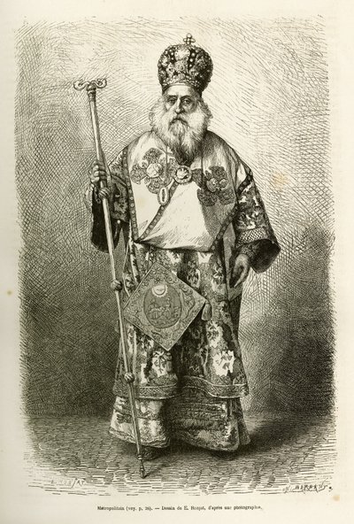 Metropolitan eveque av den nya katedralen i Aten. Gravyr efter teckningen av E. Ronjat, för att illustrera resan till Grekland, av Henri Belle, 1861-1868-1874, publicerad i "" Le tour du monde""" 1876, redigerad av Edouard Charton, Hachette-upplagan, av Etienne Antoine Eugene Ronjat