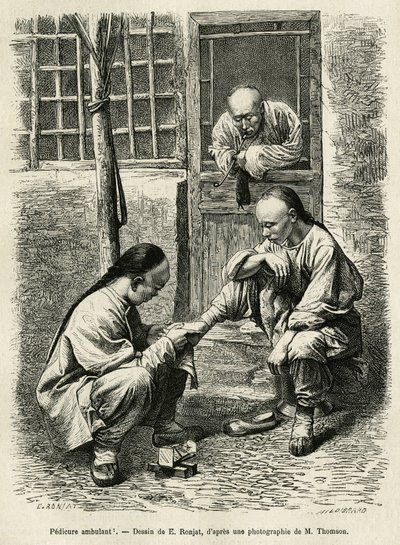 Vandringspedikyren, en vanlig scen i vardagen i kinesiska städer. Gravyr efter teckningen av E. Ronjat, för att illustrera resan till Pekin och norra Kina, av T.Choutze, 1873, publicerad i "" Le tour du monde""" 1876, redigerad av Edouard Charton av Etienne Antoine Eugene Ronjat