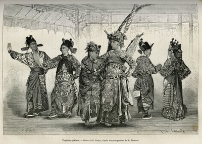 Tragedians of a Pekinese theatre, specialiserad på historiska och mytologiska dramer. Gravyr efter teckningen av E. Ronjat, för att illustrera resan till Pekin och norra Kina, av T.Choutze, 1873, publicerad i "" Le tour du monde""" 1876, redigerad av Ed av Etienne Antoine Eugene Ronjat