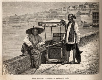 Två bärare i vila bredvid sin rullstol i Hong Kong, graverade efter en teckning av E. Ronjat som illustrerar resan till Kina, av J. Thompson, 1870-1872, publicerad i "" Le tour du monde""" 1875, redigerad av Edouard Charton, Hachette-upplagan, Paris. S av Etienne Antoine Eugene Ronjat
