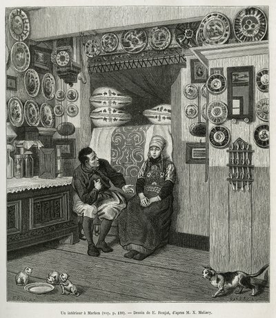 Un interieur à Marken (Pays Bas), gravyr efter en teckning av E. Ronjat, för att illustrera historien om Neerlande, av Charles de Coster, 1878, publicerad i tour du monde, under ledning av Edouard Charton av Etienne Antoine Eugene Ronjat