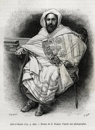 porträtt av Abd El Kader (1808-1883) algerisk emir och sultan, sufiteolog, politiker och militärt motstånd mot den franska kolonialarmén, även författare, poet och filosof. Gravyr av E. Ronjat, för att illustrera historien La Syria d