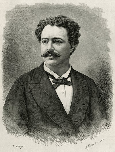 porträtt av författaren och resenären Edmondo de Amicis (1846-1908), italiensk författare, gravyr av E.Ronjat, för att illustrera historien om Marocko av Edmondo de Amicis, 1875, publicerad i tour du monde, under ledning av Edouard Charton av Etienne Antoine Eugene Ronjat