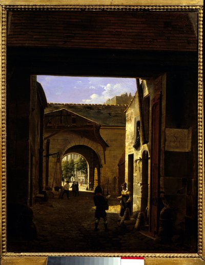 Gården till ett drivande hus i rue Saint Denis känd som innergården Sainte Catherine Scene i 1: a arrondissementet i Paris. Målning av Etienne Bouhot (1780-1862) 1832 Sön. 0,27x0,22 m Paris, Musee Carnavalet. av Etienne Bouhot