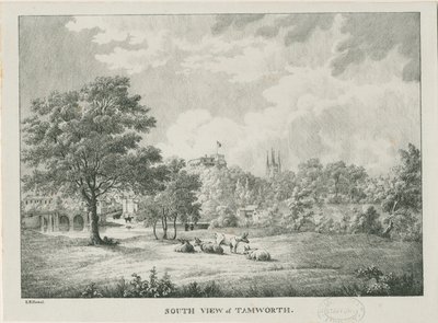 Tamworth - Avlägsen utsikt från söder: litografi, nd [1796-1865] av Etienne Bruno Hamel