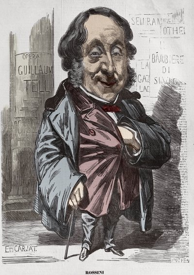 Porträtt av Gioachino (Gioacchino) Rossini (1792-1868), karikatyr av Etienne Carjat - Etienne Carjat (1928-1906), porträttladdning av Rossini för Diogene, efter Nadar, 21 december 1856 digital färgläggning av Etienne Carjat