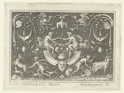 Esau säljer sin förstfödslorätt till Jakob Platta dekorationer med scener från Gamla testamentet i en ram av grotesker (serietitel) av Etienne Delaune
