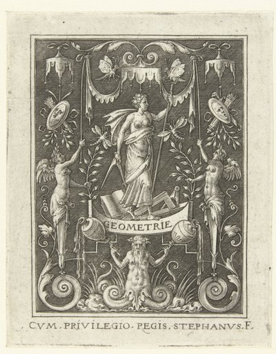 Geometri GEOMETRY (titel på objekt) Fyra liberala konster, perspektivet och arkitekturen, representerade av kvinnor (senare version) (serietitel) av Etienne Delaune