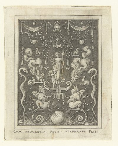 Venus med Amor mellan fyra brinnande hjärtan Ytdekorationer med gudafigurer i en ram av grotesker (senare version) (serietitel) av Etienne Delaune