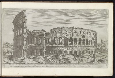 Colosseum te Rom Bouwwerken uit de oudheid (serietitel) Resterna från Roms antiken samlade och porträtt i perspektiv av Stefano Du Perac Parisino (serietitel på objekt) av Etienne Duperac