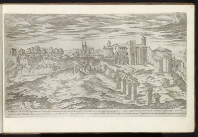 Monte Celio i Rom Bouwwerken uit de oudheid (serietitel) Resterna från Roms antiken samlade och porträtt i perspektiv av Stefano Du Perac Parisino (serietitel på objekt) av Etienne Duperac