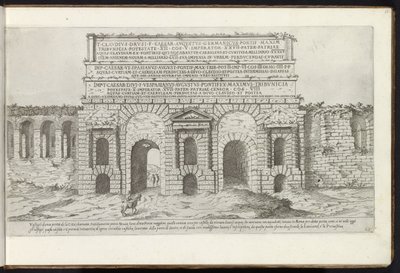 Porta Maggiore i Rom Bouwwerken uit de oudheid (serietitel) Resterna från Roms antiken samlade och porträtt i perspektiv av Stefano Du Perac Parisino (serietitel på objekt) av Etienne Duperac