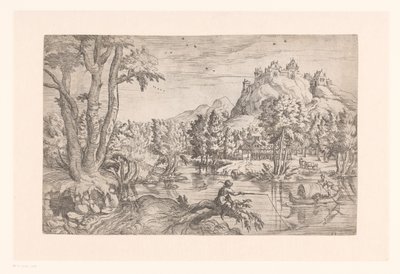 Landskap med fiskare och slott på bergstoppen av Etienne Dupérac (attributed to)