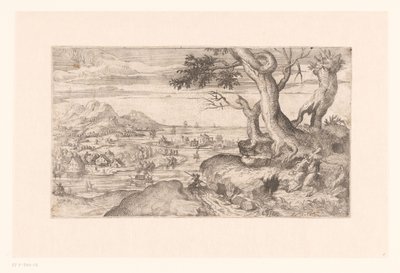 Landskap med en kvinnlig satyr som matar ett satyrbarn av Etienne Dupérac (attributed to)