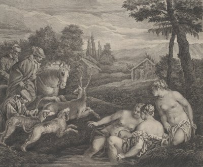 Diana och Acteon förvandlades till en hjort, ca. 1742. av Etienne Fessard