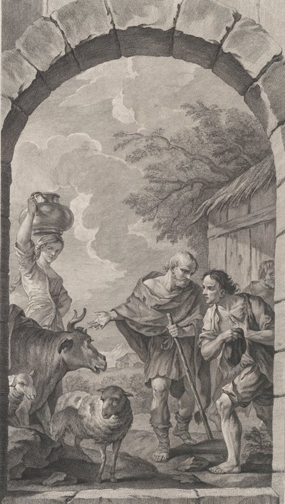 The Chapel of the Foundlings i Paris: Grupp av herdar framför en stuga, 1757. av Etienne Fessard