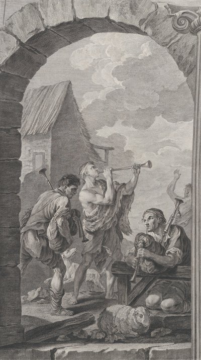 The Chapel of the Foundlings i Paris: Grupp av herdar: trumpetspelare och m..., 1754. av Etienne Fessard