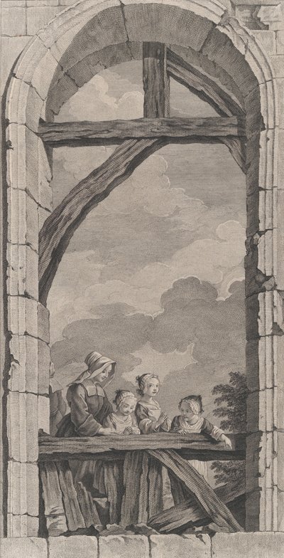 The Chapel of the Foundlings in Paris: Nunna and Little Girls Watching the Crec..., 1756. av Etienne Fessard
