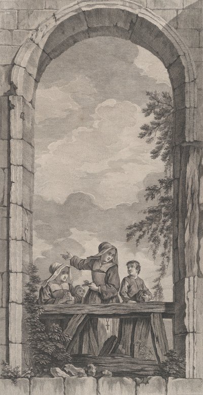 The Chapel of the Foundlings i Paris: Nunnor och pojkar som tittar på julkrubban,..., 1757. av Etienne Fessard