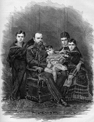 Porträtt av den ryska kejserliga familjen 1881: Tsar Alexander III (1845-1894) och Mary Feodorovna (eller Fiodorovna eller Fedorovna) (Mary Sophie Dagmar av Etienne Gabriel Bocourt