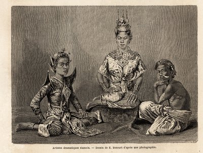 Siamesiska dramatiska konstnärer, teckningar av E.Bocour, för att illustrera Henri Mouhots resa in i kungadömena Siam, Kambodja och Laos från 1858 till 1861. Gravyr i "" Le tour du monde"", redigerad av Edouard Charton av Etienne Gabriel Bocourt