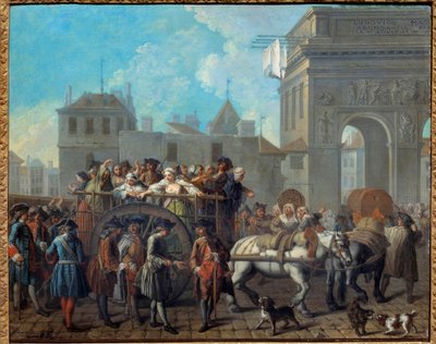 Uppförandet av glädjeflickorna i Salpetriere, passagen genom portarna till Saint Bernard. Det nuvarande Salpetriere-sjukhuset var ursprungligen ett fängelse och ett hospice för kvinnor. Målning av Etienne Jeaurat (1699-1789) 1757 Dim. 0,65 x 0,82 m Paris,  av Étienne Jeaurat
