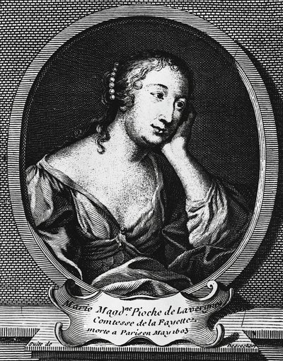 Medaljongporträtt av Marie-Madeleine Pioche de La Vergne, Comtesse de La Fayette (1634-1693), fransk romanförfattare, gravyr av Etienne Jehandier Desrochers (1668-1741) av Etienne Jehandier Desrochers