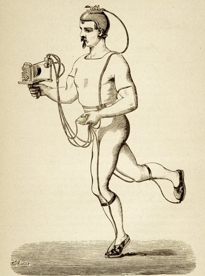 Runner försedd med apparaten avsedd att registrera hans olika steg, från Popular Science Monthly, pub.1875 av Etienne Jules Marey