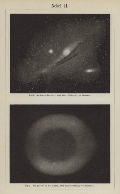 Utsikt över Andromeda-nebulosan och ringnebulosan i stjärnbilden Lyra (gravyr) av Étienne Léopold Trouvelot