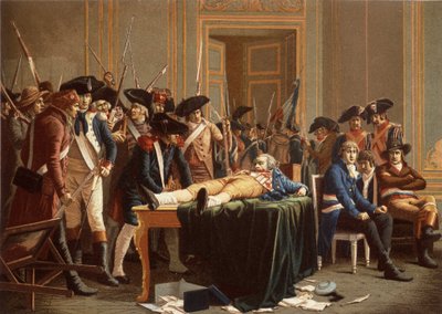 Morgonen den 10:e Thermidor År II; Maximilien de Robespierre, med en bruten käke, spridd på ett bord (chromolitho) av Etienne Lucien (after) Melingue