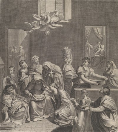Jungfruns födelse, kvinna sittande med ett spädbarn i knäet, många kvinnor runt..., 1677. av Etienne Picart