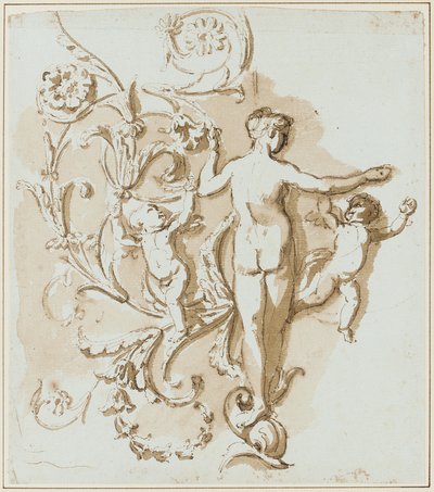 En kvinnlig naken sedd bakifrån, med två putti, bland akantus-bladdekor av Etienne de Lavallee Poussin