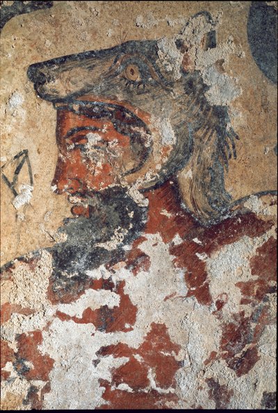 Aita (Eiza), etruskisk gud för livet efter detta, bär en vargmössa (detalj av fresk, 4 f.Kr.) av Etruscan