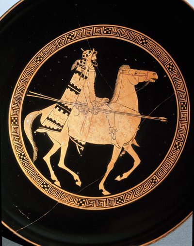 Etruskisk antiken: detalj av en kylix som representerar en ryttare. Från Falerii Veteres (Civita Castellana) 500-talet f.Kr. Rom, Nationalmuseet för Villa Giulia av Etruscan