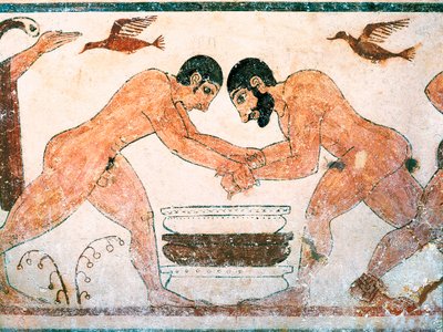 Etruskisk konst: Idrottare avbildade i augurernas grav i nekropolen Monterozzi Tarquinia, nära Viterbo, Italien. Fresk från 600-talet f.Kr. av Etruscan