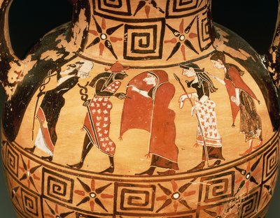 Amfora med svart figur som föreställer Parisdomen (keramik) av Etruscan