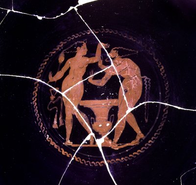 Detalj av en kylix som representerar en maenad och en satyr, 330-300 f.Kr av Etruscan