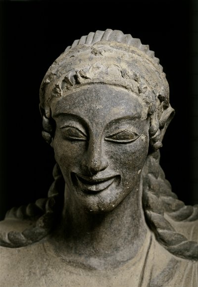 ETRUSKANSK KONST: Apollo (detalj). ca 510-490 f.Kr. Från Veius, helgedom i..., ca 510-490 f.Kr. (terrakotta) av Etruscan