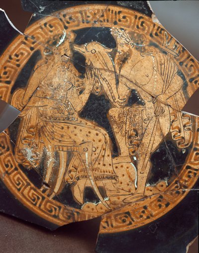 Etruskisk antikvitet: detalj av en kylix som representerar Poseidon och Amphitrite. Från Falerii Veteres (Civita Castellana) 600-talet f.Kr. Rom, Nationalmuseet för Villa Giulia av Etruscan